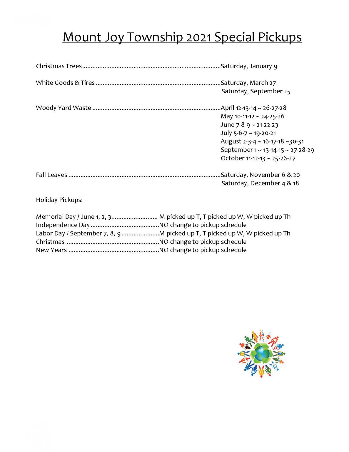 Special Trash Pickup Schedule for 2021 Mount Joy Township