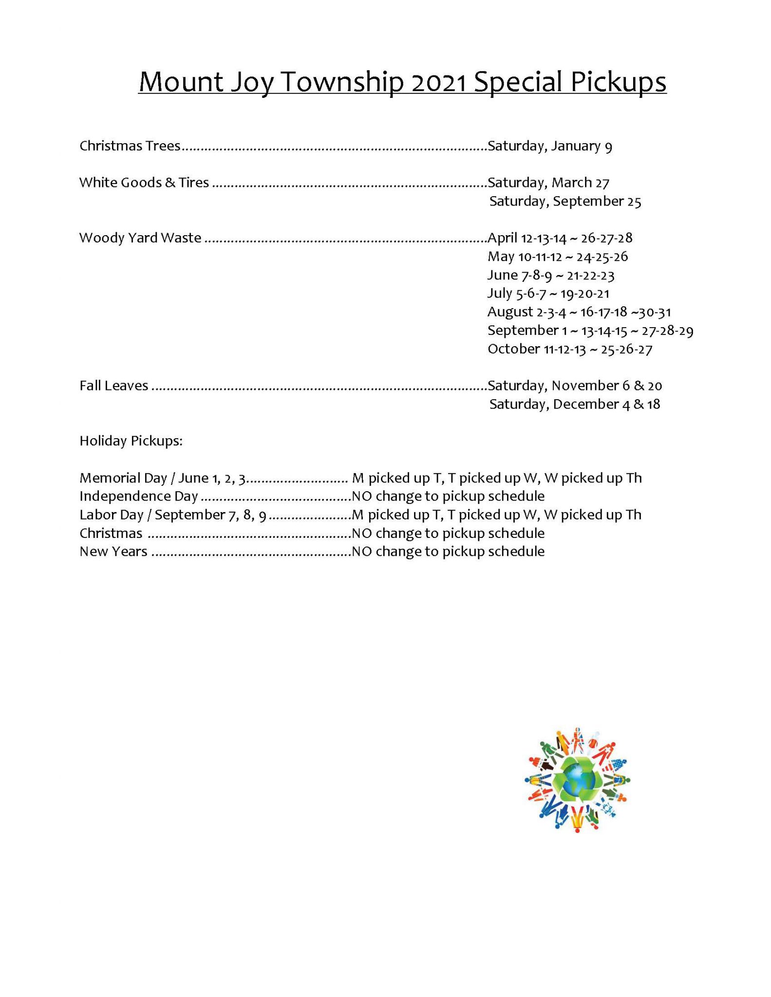 Special Trash Pickup Schedule for 2021 Mount Joy Township