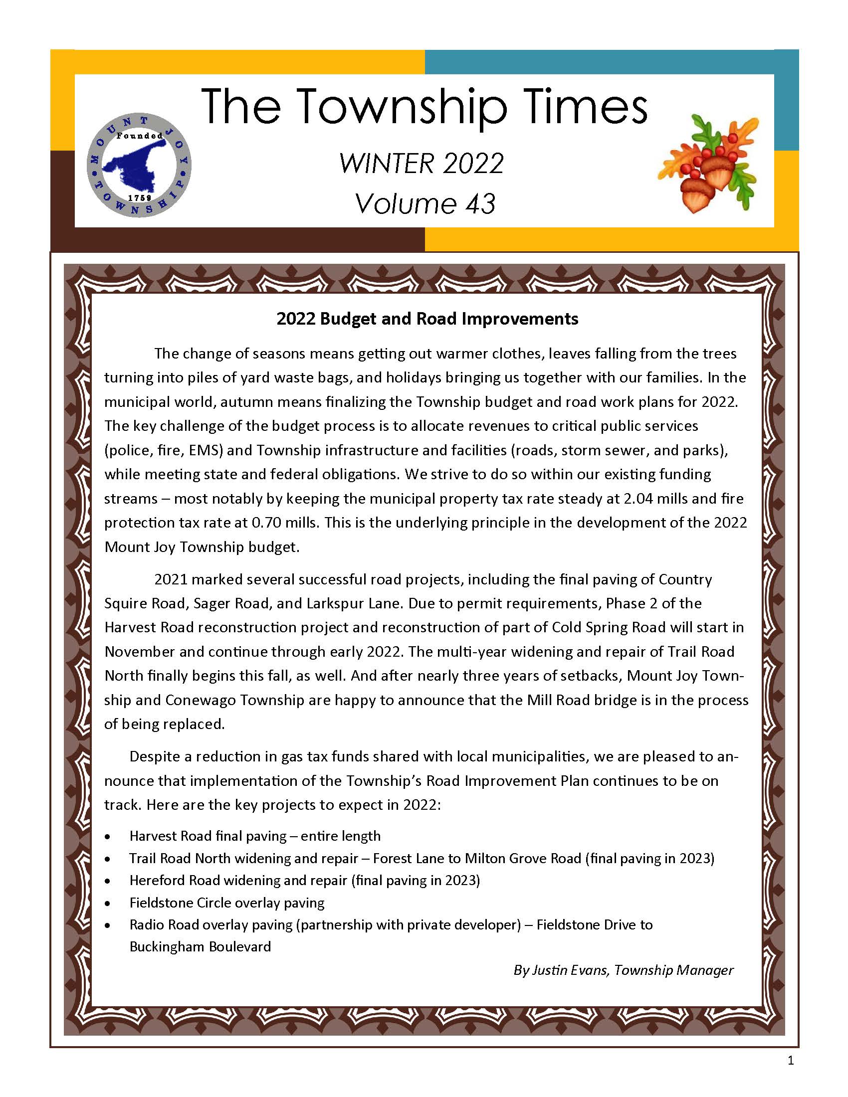 Township Newsletters Mount Joy Township